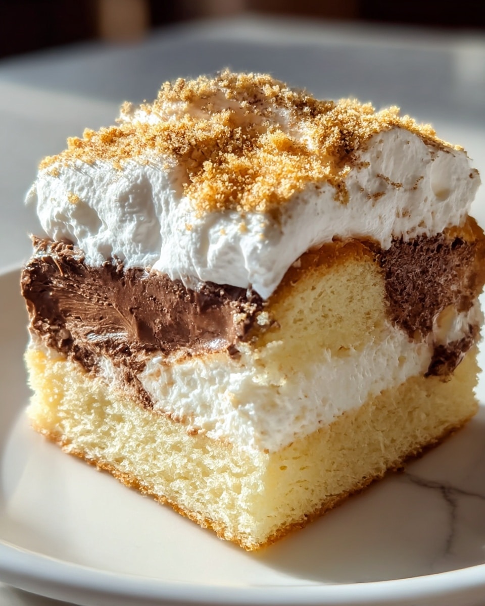 A close-up view of a layered dessert square on a white plate, showing three distinct layers: the bottom layer is light golden sponge cake with a soft texture, the middle layer is rich, glossy chocolate with a creamy, thick consistency, and the top layer is fluffy white whipped cream covered with a generous dusting of fine golden-brown crumbs, adding a textured look. The dessert sits on a smooth white marbled surface, with natural lighting highlighting the moist and creamy parts. photo taken with an iphone --ar 4:5 --v 7