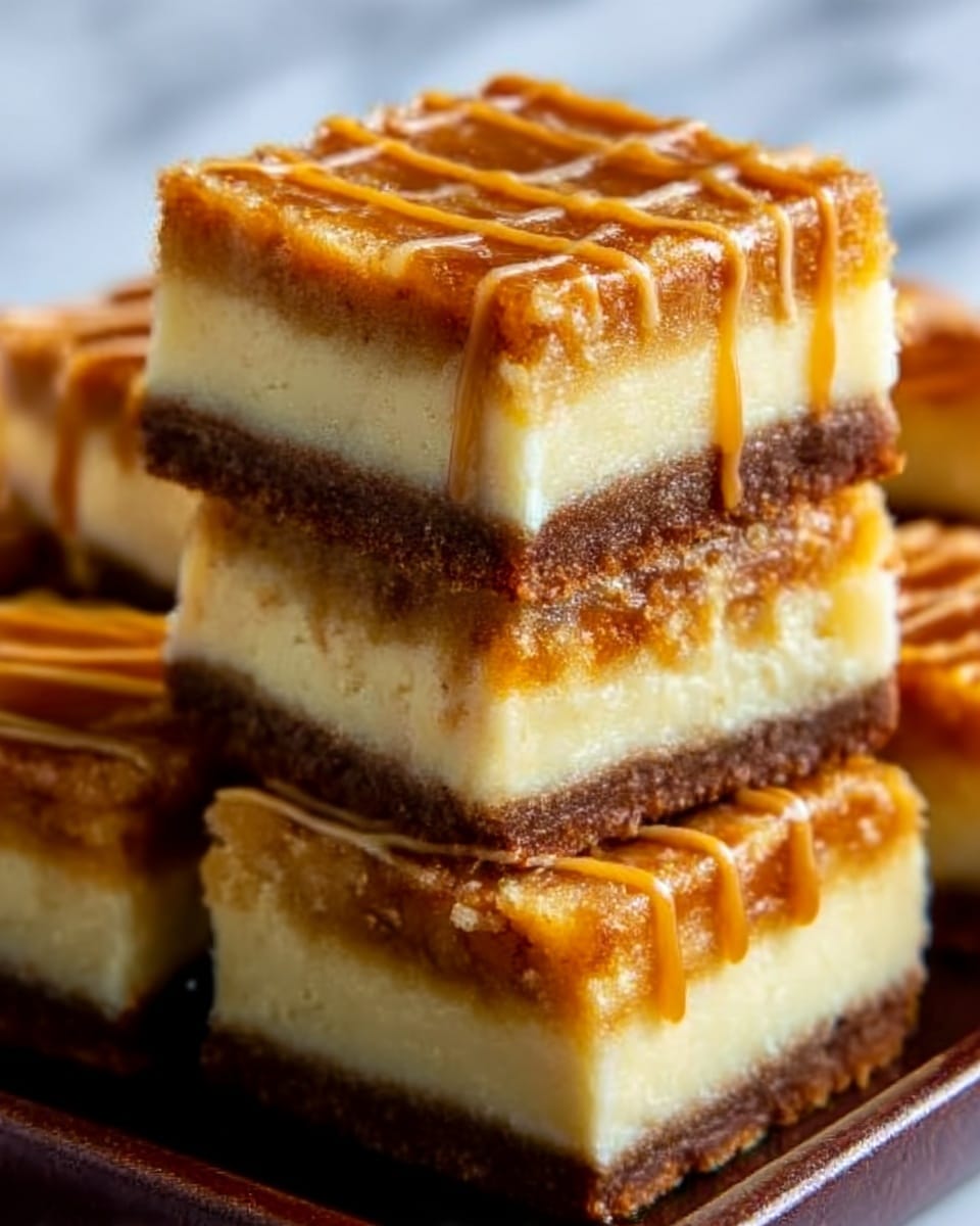The image shows a stack of square dessert bars with three clear layers. The bottom layer is a dark brown crust that looks firm and crumbly. Above that is a thick, creamy, pale yellow middle layer that appears smooth and dense. The top layer is golden brown with a slightly crumbly texture, drizzled with a shiny caramel sauce in thin lines. The bars are neatly stacked on a dark tray, with the focus on the front pieces. The background is a white marbled texture. photo taken with an iphone --ar 4:5 --v 7