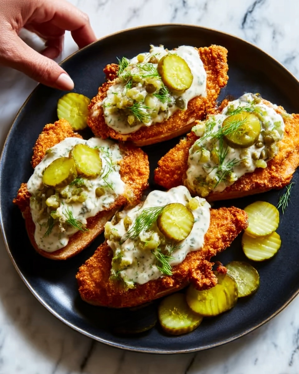 A black plate holds three pieces of golden-brown crispy fried chicken arranged neatly in a slightly overlapping row. Each piece is topped with a generous dollop of creamy white sauce mixed with green herbs and chopped pickles. Several bright green pickle slices are scattered on and around the chicken, adding color contrast. The plate sits on a white marbled surface, and a woman's hand is reaching towards the food from the edge of the frame. Photo taken with an iphone --ar 4:5 --v 7