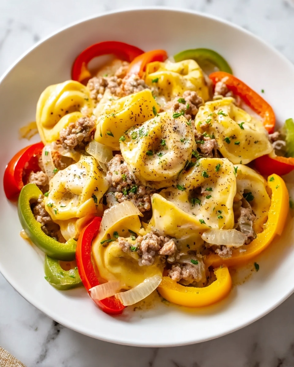 A white plate holds a dish with three main layers. The first layer is sliced red, yellow, and green bell peppers, adding bright colors with a crunchy texture, placed around the edges. The second layer shows cooked ground beef pieces mixed with light sautéed onion rings that are soft and translucent, scattered throughout the plate. The top layer consists of plump yellow tortellini pasta filled and coated with creamy sauce, some parts dusted lightly with black pepper and chopped parsley for a fresh look. The overall dish gives a mix of soft, creamy, and slightly crunchy textures on a white marbled surface. Photo taken with an iphone --ar 4:5 --v 7