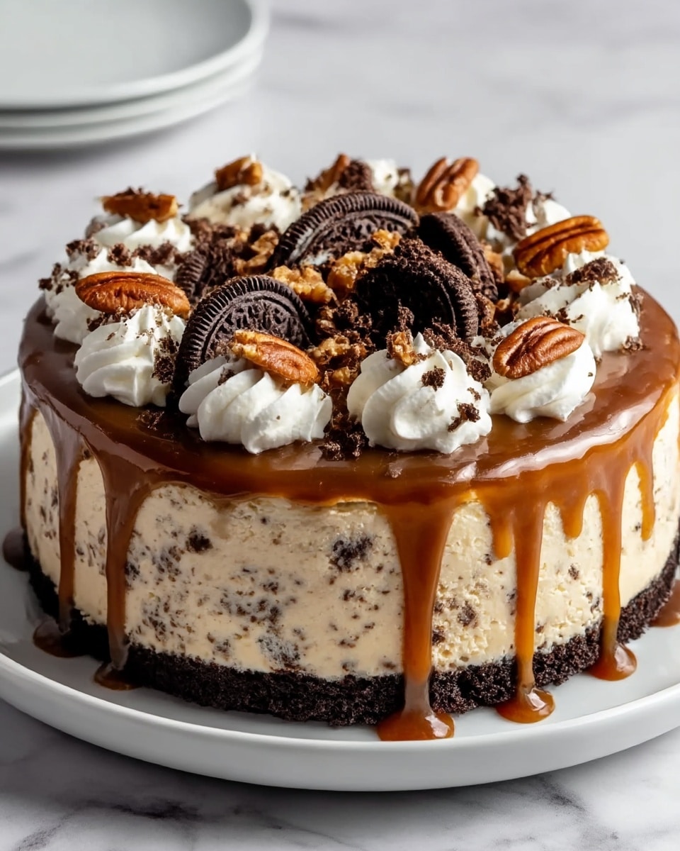 A round cheesecake with a dark chocolate crumb base forms the bottom layer, about an inch thick. Above it is a thick creamy layer mixed with small dark chocolate bits, creating a speckled light tan texture. The top layer is a glossy caramel sauce dripping down the sides. On top, swirls of white cream are evenly spaced around the edge, sprinkled with grated chocolate and small pecan halves. In the center, there are broken Oreo cookie pieces and pecans. The cheesecake is on a white plate set on a white marbled surface. photo taken with an iphone --ar 4:5 --v 7