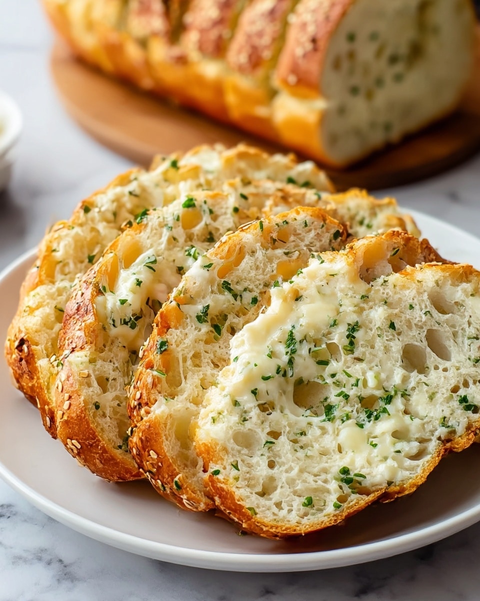 A white plate holds several thick slices of golden brown garlic bread arranged in a slightly overlapping row. Each slice shows a crispy crust studded with small sesame seeds and a soft, fluffy white interior speckled with melted white cheese and finely chopped green herbs, mostly parsley. The texture looks crunchy on the edges and tender inside, with bits of garlic and seasoning visible. The plate rests on a surface with a white marbled pattern, adding softness to the warm, savory appearance of the bread. In the background, the blurred remainder of the garlic bread loaf sits on the same white marbled surface. photo taken with an iphone --ar 4:5 --v 7