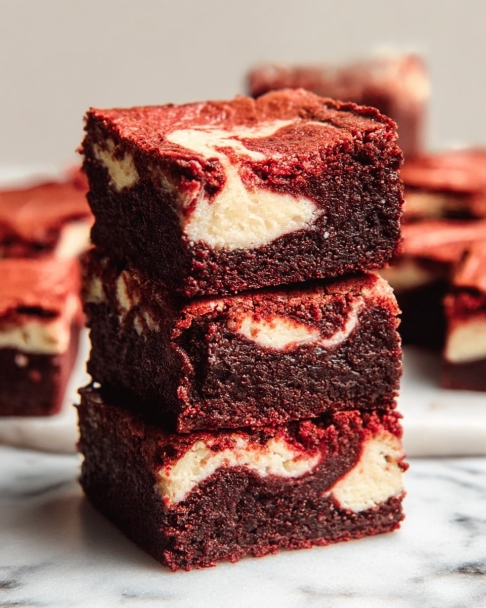 The image shows a stack of three thick brownies on a white marble surface. Each brownie has two layers: a dark red-brown chocolate layer with a slightly cracked, moist texture and a creamy white swirl layer in the center, creating a marbled effect. The top brownie reveals the swirl pattern clearly, while the others beneath show the rich chocolate layer on top and bottom. More brownies are blurred in the background, resting on the same white marble surface. The photo has bright, natural lighting that highlights the moist texture of the brownies. photo taken with an iphone --ar 4:5 --v 7