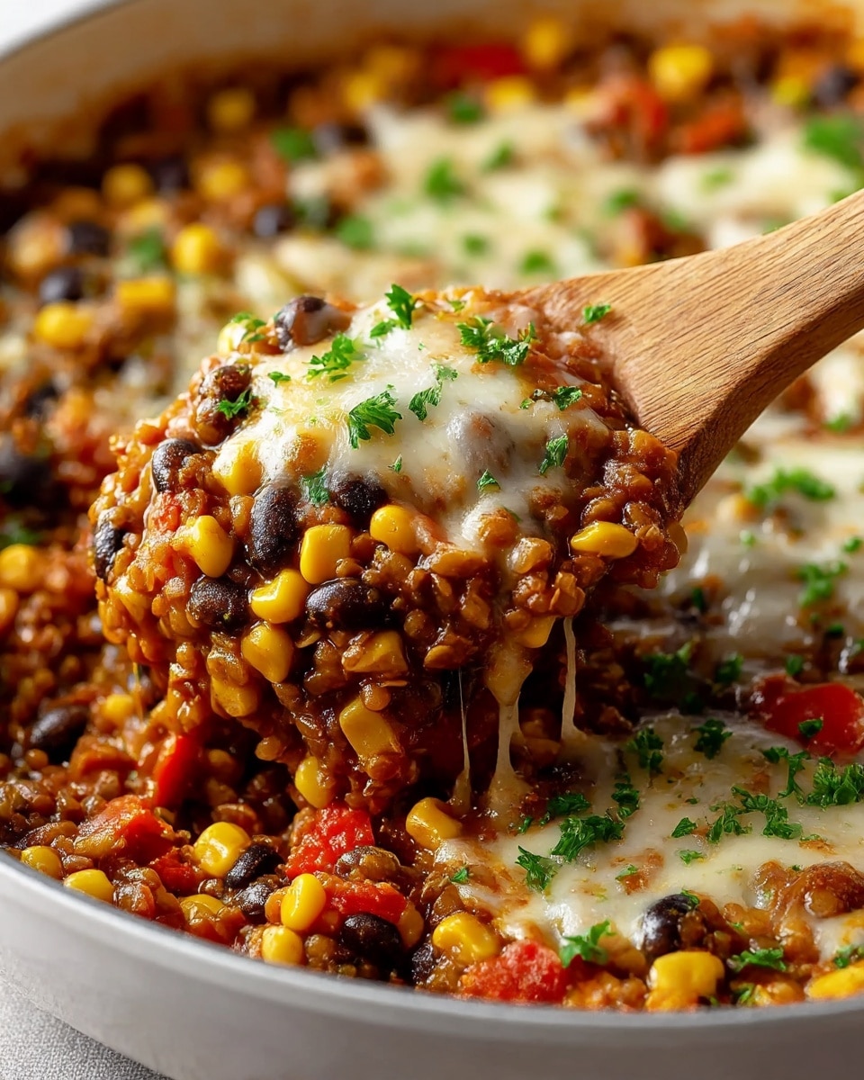 A close-up view of a thick lentil stew in a white pan, showing a wooden spoon lifting a portion. The stew contains layers of brown lentils, yellow corn kernels, black beans, and red bell pepper pieces mixed together. On top, there is a melted layer of white cheese with a gooey texture, sprinkled with small green parsley bits. The background shows more of the same stew with the melted cheese spread unevenly across the surface. The texture looks hearty and a little chunky. photo taken with an iphone --ar 4:5 --v 7