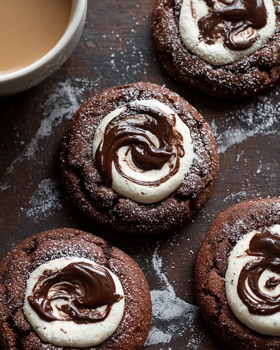 The image shows four round chocolate cookies on a dark brown wooden surface with a white marbled texture. Each cookie has a slightly raised, cracked dark brown base layer with a soft, moist texture. In the center of each cookie, there is a thick layer of smooth, white cream topped with irregular swirls of glossy dark chocolate, and a light dusting of powdered sugar is scattered over the top and edges of the cookies. In the top left corner, part of a white bowl with a creamy brown drink is visible. The scene is lit softly, highlighting the rich textures and colors of the cookies. photo taken with an iphone --ar 4:5 --v 7