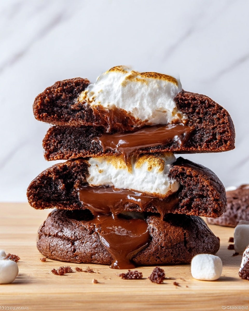 The image shows a stack of three rich, dark chocolate cookies with a gooey melted chocolate layer in the center of each cookie. The top cookie is cut in half and balanced on the middle one, revealing the soft, shiny chocolate filling oozing out. Each cookie has a slightly cracked, dense texture with a moist interior. On top of the stack and between the layers, there is a thick dollop of toasted white marshmallow cream with a smooth, fluffy texture and light golden-brown peaks from toasting. The cookies rest on a light wooden surface, with some crumbs scattered around. The background has a clean white marbled texture. Photo taken with an iphone --ar 4:5 --v 7
