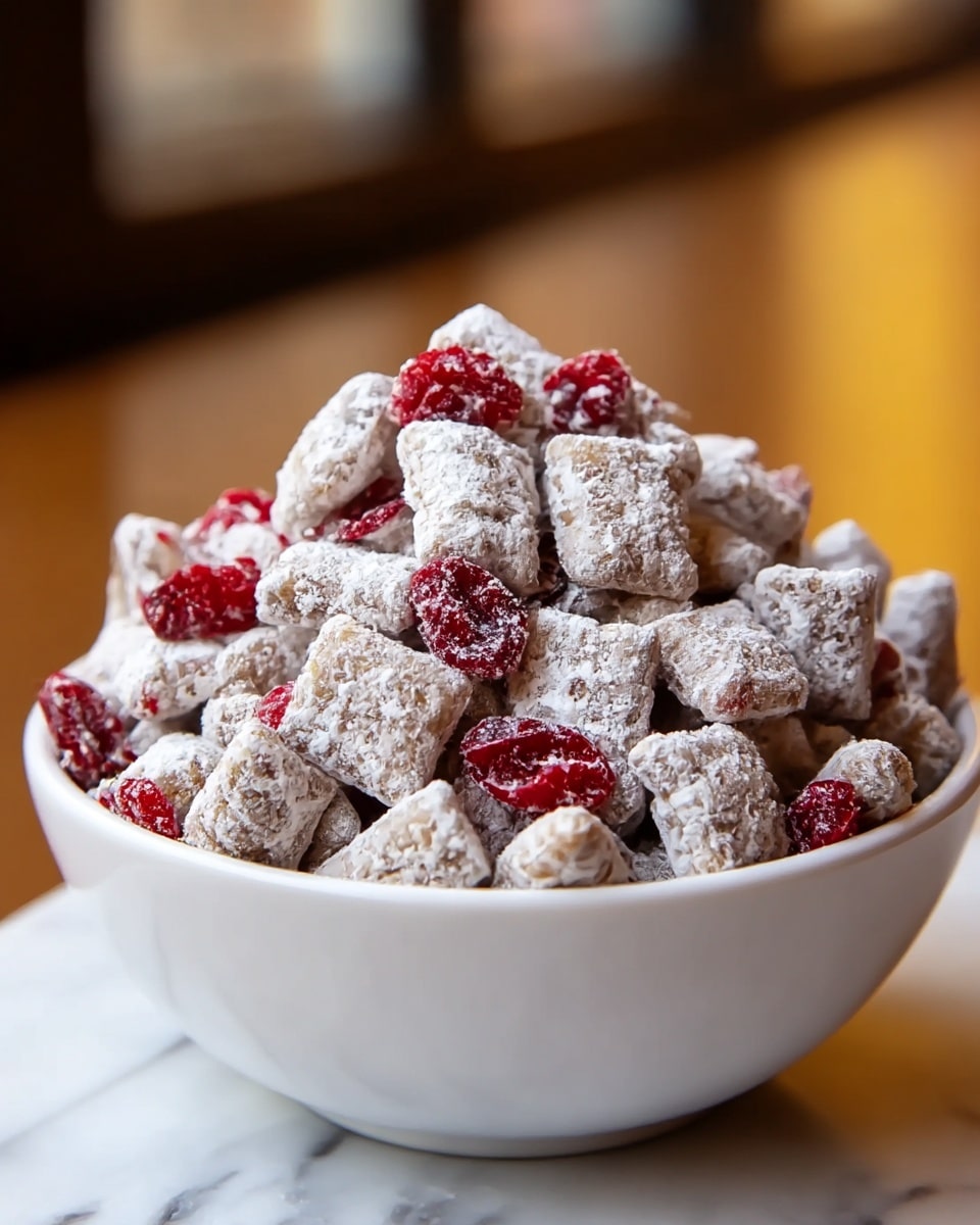 A white bowl filled with small, square-shaped cereal pieces coated in a light dusting of powdered sugar, creating a soft, powdery white texture on each piece. Mixed among the cereal pieces are bright red dried fruit pieces that add a glossy contrast with a chewy texture. The bowl sits on a white marbled surface, and the background is softly blurred with warm brown tones, highlighting the sharp and detailed focus on the cereal mix. photo taken with an iphone --ar 4:5 --v 7