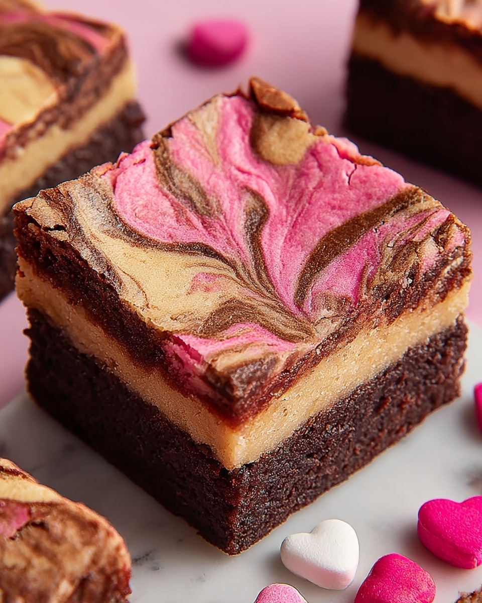 The image shows a close-up of a square brownie with three visible layers: a dark brown, dense chocolate base; a creamy beige middle layer with a smooth texture; and a top layer that has a pink swirl mixed with beige and darker brown lines creating a marbled effect. The surface of the brownie is cracked and slightly crispy. The brownie is placed on a white marbled surface with pink and white small heart-shaped candies scattered around it. Photo taken with an iphone --ar 4:5 --v 7