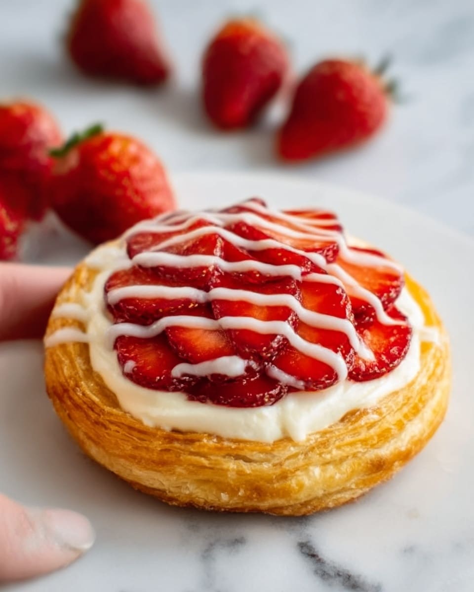 The image shows a single round pastry with a golden-brown, flaky crust base, topped with a thick layer of white cream in the middle. On top of the cream, there is a layer of bright red strawberry slices arranged neatly, with a white glaze drizzled over the strawberries in a spiral pattern. The pastry sits on a white plate surrounded by whole strawberries and part of a woman's hand holding the plate. The background is a white marbled surface. photo taken with an iphone --ar 4:5 --v 7