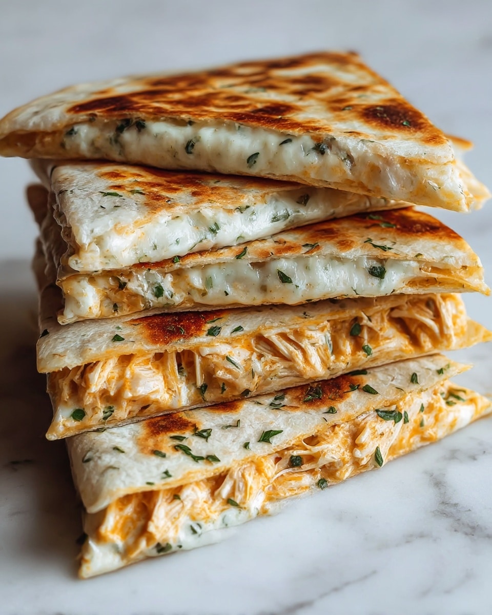 A stack of four folded quesadilla slices is shown, each slice having a crispy, browned white tortilla on the outside with hints of dark golden spots. Inside, there are two main layers: the bottom layer is shredded chicken with a light orange color mixed with some seasoning, and above it is melted white cheese speckled with green herbs. The quesadillas are stacked unevenly, showing the fillings clearly between the layers. A few extra bits of chopped green herbs are scattered on top and around the quesadillas. The whole scene is set on a white marbled surface. photo taken with an iphone --ar 4:5 --v 7