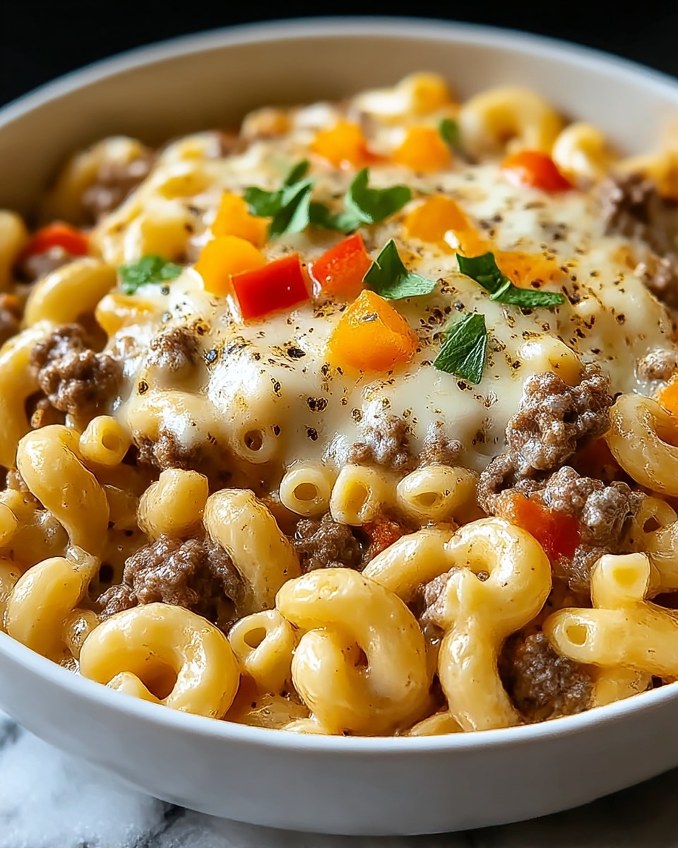 A close-up view of a dish in a white bowl showing three main layers: the bottom layer is creamy, light yellow macaroni pasta with a smooth, slightly shiny texture; the middle layer consists of small, brown minced meat pieces scattered evenly around; the top layer includes melted cheese with a glossy, creamy finish sprinkled with black pepper and small bits of bright orange and red bell peppers, garnished with a few fresh green herb leaves. The white bowl sits on a white marbled surface. Photo taken with an iphone --ar 4:5 --v 7