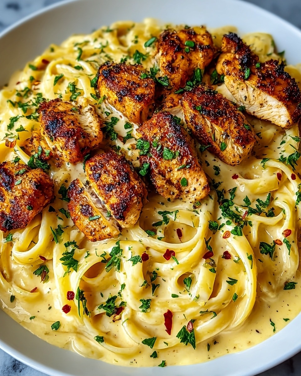 A white plate holds creamy yellow fettuccine pasta coated in a smooth sauce, making a thick and glossy base layer. On top, there are two layers of small golden-brown grilled chicken pieces, showing a slightly charred texture with black pepper speckles and herbs visible on the surface. Fresh green parsley is sprinkled evenly over the chicken and pasta, adding a touch of color. Small bits of red chili flakes are mixed into the sauce and on the pasta edges. The dish is set against a white marbled texture background. photo taken with an iphone --ar 4:5 --v 7