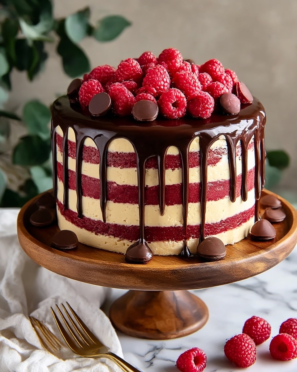 A three-layer cake sits on a wooden cake stand over a white marbled surface. The bottom and middle layers are creamy beige, while the second and fourth layers are deep red, creating a striped pattern. Glossy dark chocolate ganache drips down the sides of the cake from the top, which is covered with fresh bright red raspberries and small dollops of dark chocolate. Scattered raspberries and a gold-colored fork rest on a white cloth beside the stand. The background is softly blurred with green leaves and neutral tones. photo taken with an iphone --ar 4:5 --v 7