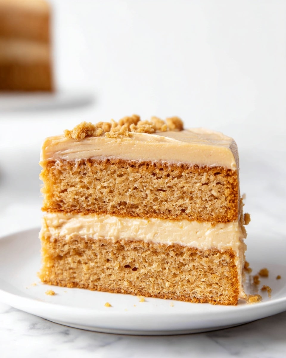 A close-up view of a two-layer slice of light brown cake on a white plate, showing a crumbly texture. Between the layers is a medium-thick stripe of creamy caramel-colored frosting with a slightly grainy texture. The top layer is covered with a smooth, light brown frosting, and small crumbles of cake or cookie pieces are sprinkled on one side of the top. The plate sits on a white marbled surface with soft natural lighting. photo taken with an iphone --ar 4:5 --v 7