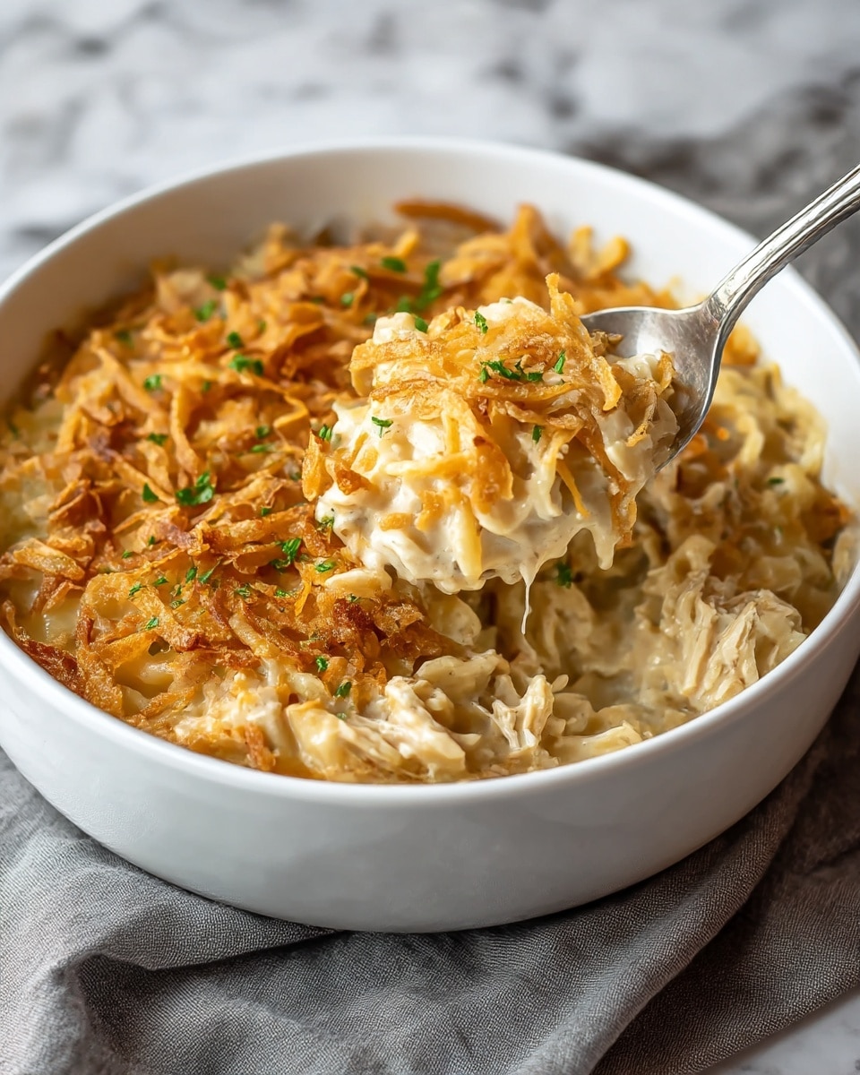 A white bowl filled with creamy chicken and noodles casserole. The dish has two main visible layers: a thick creamy chicken and noodle mix on the bottom, light beige in color with shredded chicken pieces and noodles coated in cheesy sauce, and a golden-brown crispy fried onion topping layer scattered over the whole surface. The fried onions add a textured crunchy look with darker edges and small sprinkles of chopped green herbs on top. A silver spoon lifts a portion, showing the creamy inside with the fried onion topping clinging to it. The bowl sits on a soft gray cloth over a white marbled surface. Photo taken with an iphone --ar 4:5 --v 7