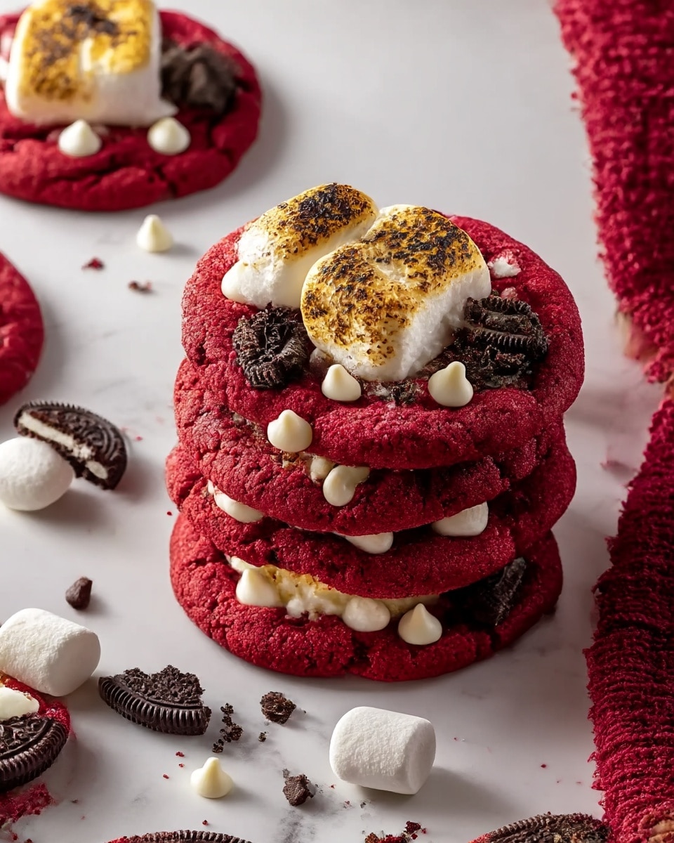 A stack of five thick red velvet cookies sits on a white marbled surface, each cookie topped with one or two large toasted marshmallows that have a golden-brown char on top, scattered white chocolate chips, and small pieces of crushed dark chocolate cookies with cream filling. Around the cookies are a few loose chocolate cookie pieces and marshmallows. To the side, part of a tray with more cookies is visible, and a textured dark red cloth adds warmth to the right edge of the image. The cookies have a soft, slightly chewy texture with vibrant red color. photo taken with an iphone --ar 4:5 --v 7