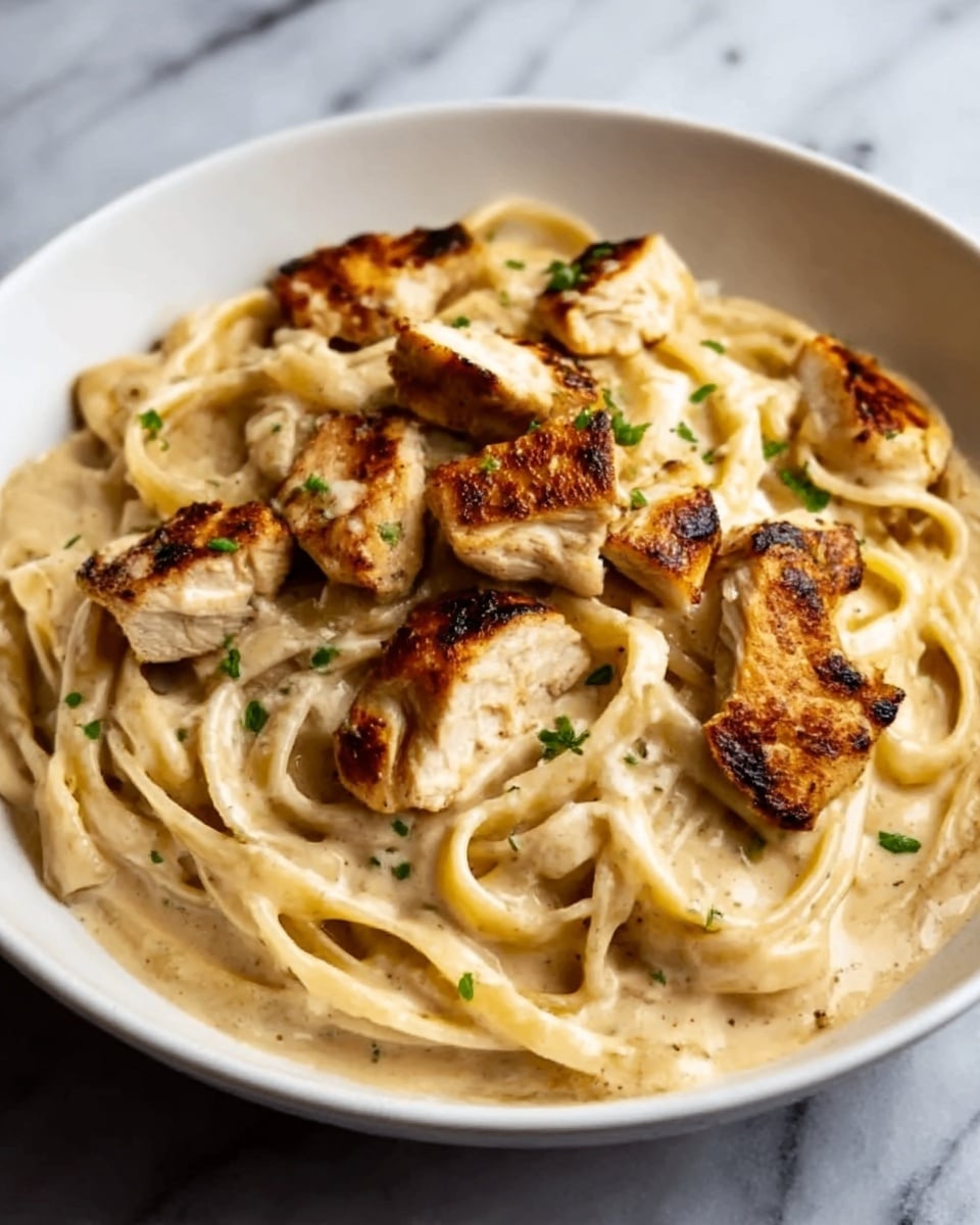 A white plate holds a creamy pasta dish with long, flat noodles coated in a rich, light beige sauce as the base layer. On top, there are several pieces of golden-brown grilled chicken scattered evenly, each piece showing a slightly crispy texture with charred marks. Small green herbs are sprinkled over the chicken, adding a touch of color contrast. The creamy sauce clings to the pasta, giving it a smooth, glossy look. The dish is presented on a white marbled surface. Photo taken with an iphone --ar 4:5 --v 7