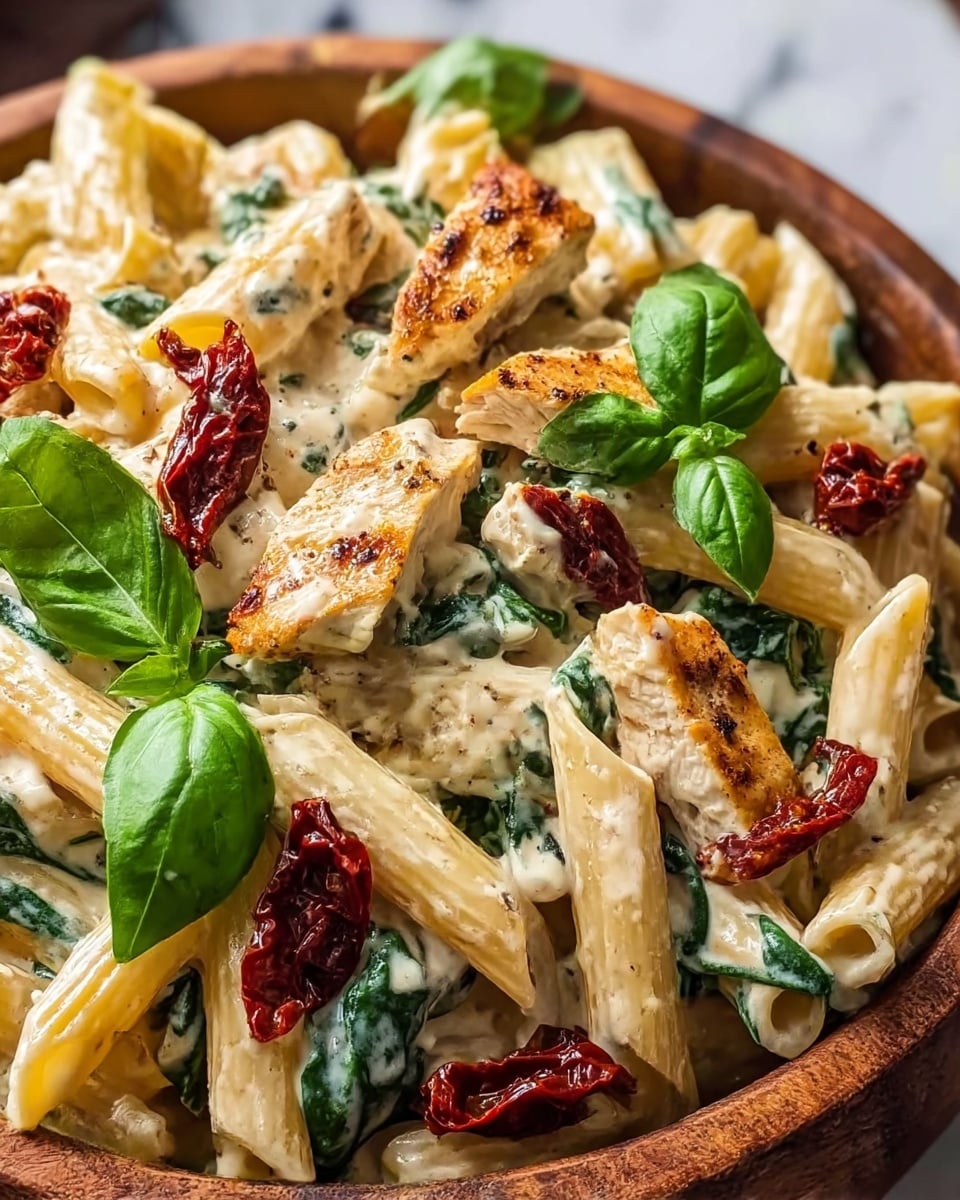 A close-up view of a wooden bowl filled with creamy penne pasta layered with grilled pieces of chicken on top. The pasta is coated in a white sauce mixed with wilted green spinach leaves, giving the dish a creamy and slightly leafy texture. Scattered throughout are several pieces of dark red sun-dried tomatoes adding a rich contrast. Fresh bright green basil leaves are placed on top, adding a fresh pop of color. The bowl sits on a white marbled surface. photo taken with an iphone --ar 4:5 --v 7