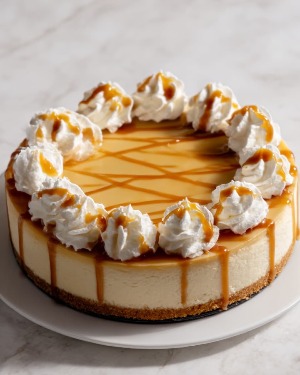 A round cheesecake sits on a white plate, with a smooth, light caramel layer on top that has thin caramel drizzle lines crossing it. Around the edge, there are nine evenly spaced dollops of whipped cream, each topped with a small drizzle of caramel sauce. The cheesecake’s crust is slightly visible at the bottom, showing a light tan color and crumbly texture. The background is a white marbled surface. Photo taken with an iphone --ar 4:5 --v 7
