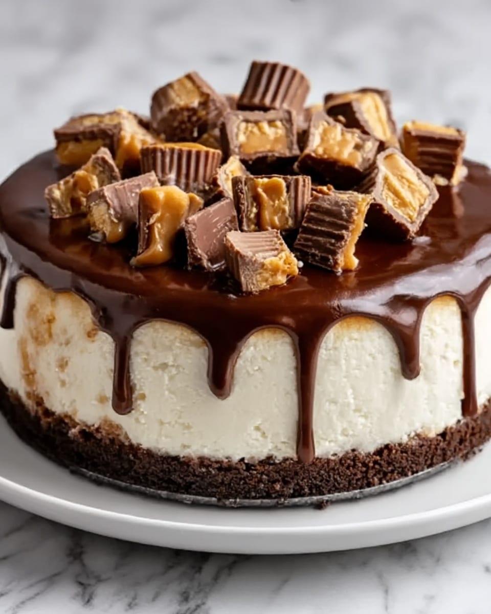 The image shows a round cheesecake with three visible layers on a white plate. The bottom layer is a dark brown, crumbly cookie crust. The middle layer is thick, smooth, and creamy white cheesecake filling. On top is a shiny, dark chocolate ganache layer that drips slightly down the sides. The ganache is decorated with cut pieces of chocolate peanut butter cups scattered all over, showing their light brown peanut butter and dark chocolate inside. The background is a white marbled surface. photo taken with an iphone --ar 4:5 --v 7