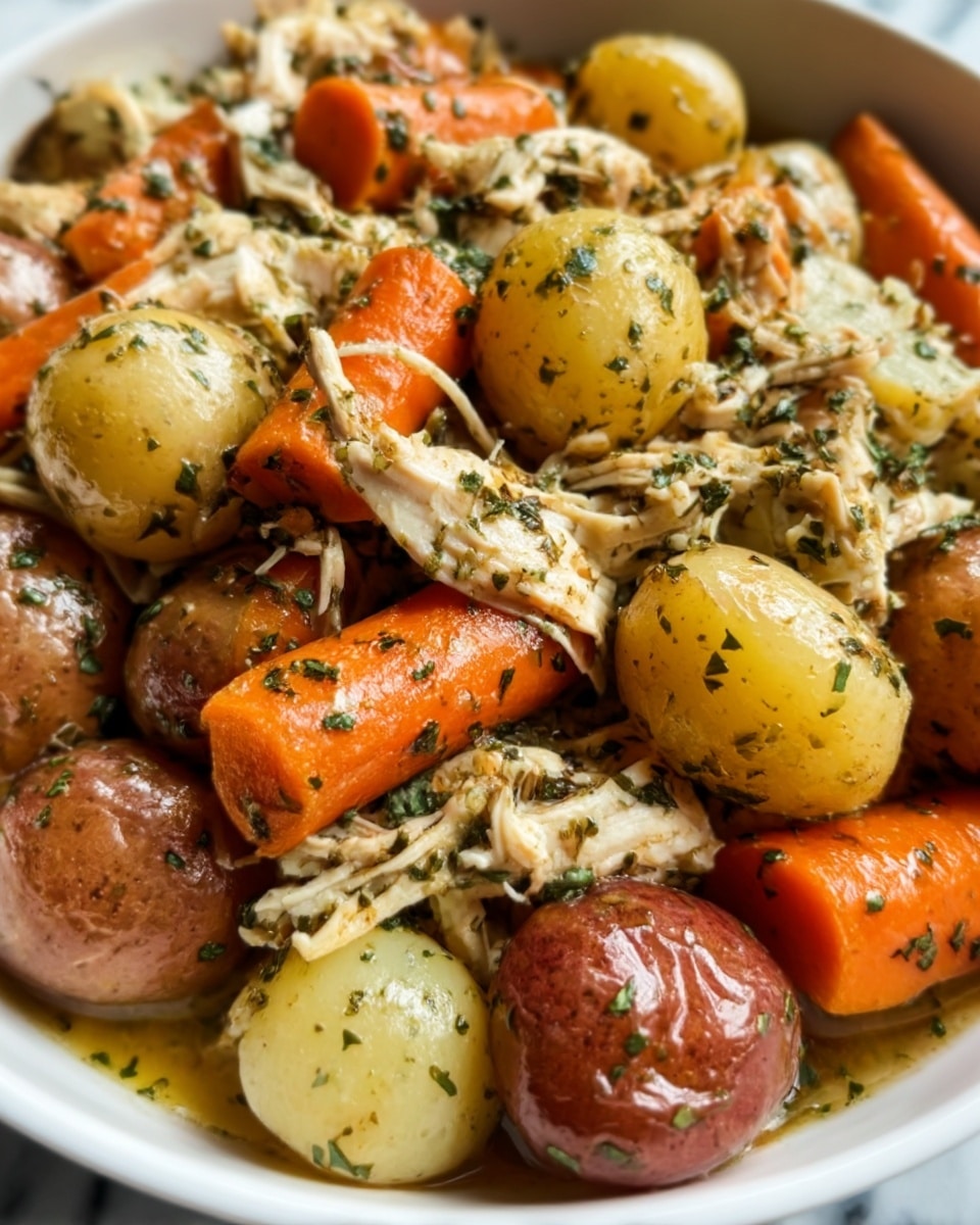 The image shows a close-up of a white plate filled with a colorful chicken and vegetable dish. The bottom layer consists of cooked red and yellow baby potatoes with a smooth, slightly shiny surface. On top of the potatoes, there are large, thick pieces of orange carrots with a soft texture. Shredded chicken pieces form the top layer, seasoned with green herbs and spices that add small flecks of green and black across the dish. The food looks juicy and tender, with a mix of warm earthy colors. The plate sits on a white marbled surface. Photo taken with an iphone --ar 4:5 --v 7