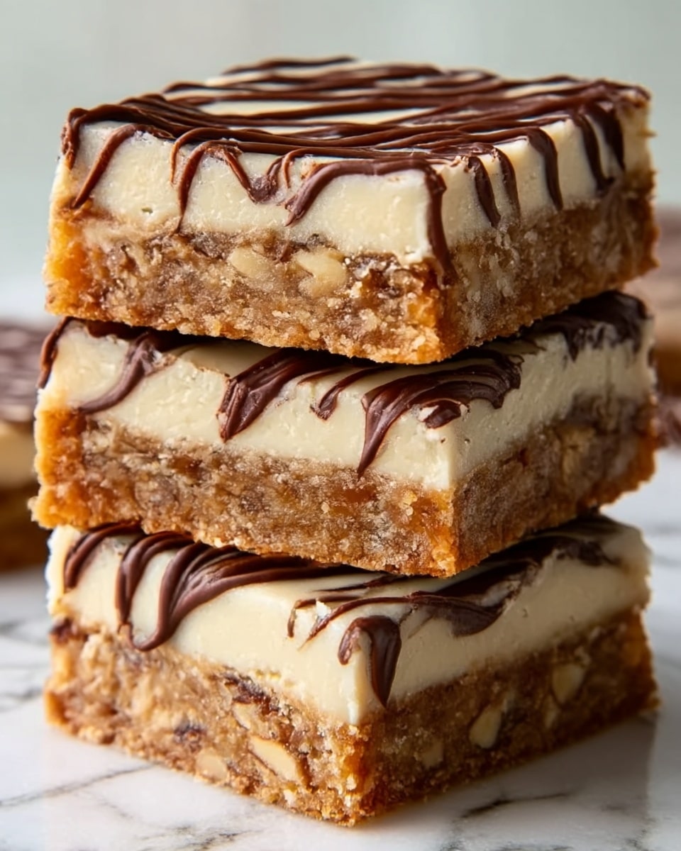 A close-up image of three stacked dessert bars on a white marbled surface. Each bar has three visible layers: the bottom layer is a crumbly, golden-brown crust, the middle layer is gooey and caramel-colored with small nut pieces mixed in, and the top layer is a smooth, creamy beige glaze with thin, dark chocolate swirls drizzled in a wavy pattern. The bars have rough, textured edges showing the nuts and crust clearly. The lighting highlights the shiny and soft textures of the caramel and glaze. photo taken with an iphone --ar 4:5 --v 7