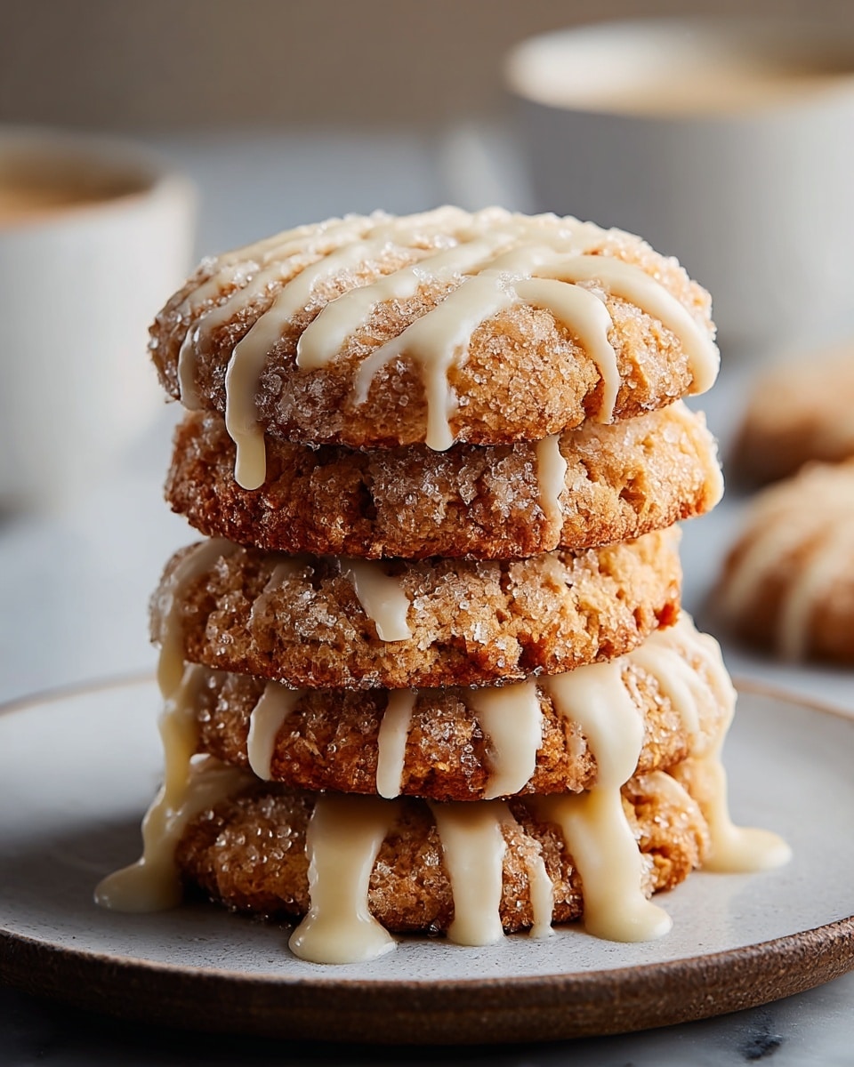 A stack of four thick, round cookies with a rough, crumbly golden-brown texture sits on a white plate. Each cookie has a drizzle of white icing on top, with some icing dripping down the sides. The edges of the cookies are slightly darker and crispy-looking, while the tops show a cracked, sugar-coated surface. The background shows blurred white objects on a white marbled texture surface. Photo taken with an iphone --ar 4:5 --v 7