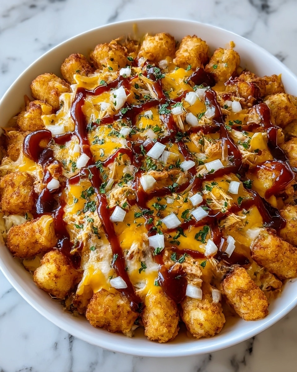 The dish shows a white bowl filled with a layered tater tot casserole. The first layer is golden brown crispy tater tots, arranged to cover the bowl fully. Underneath, there is melted shredded cheese in yellow and white colors mixed with small pieces of shredded chicken. On top, more tater tots are placed, lightly browned, and drizzled with a dark brown barbecue sauce. The whole dish is sprinkled with chopped green herbs and small pieces of diced onions, adding texture and color contrast. The background has a white marbled texture. photo taken with an iphone --ar 4:5 --v 7