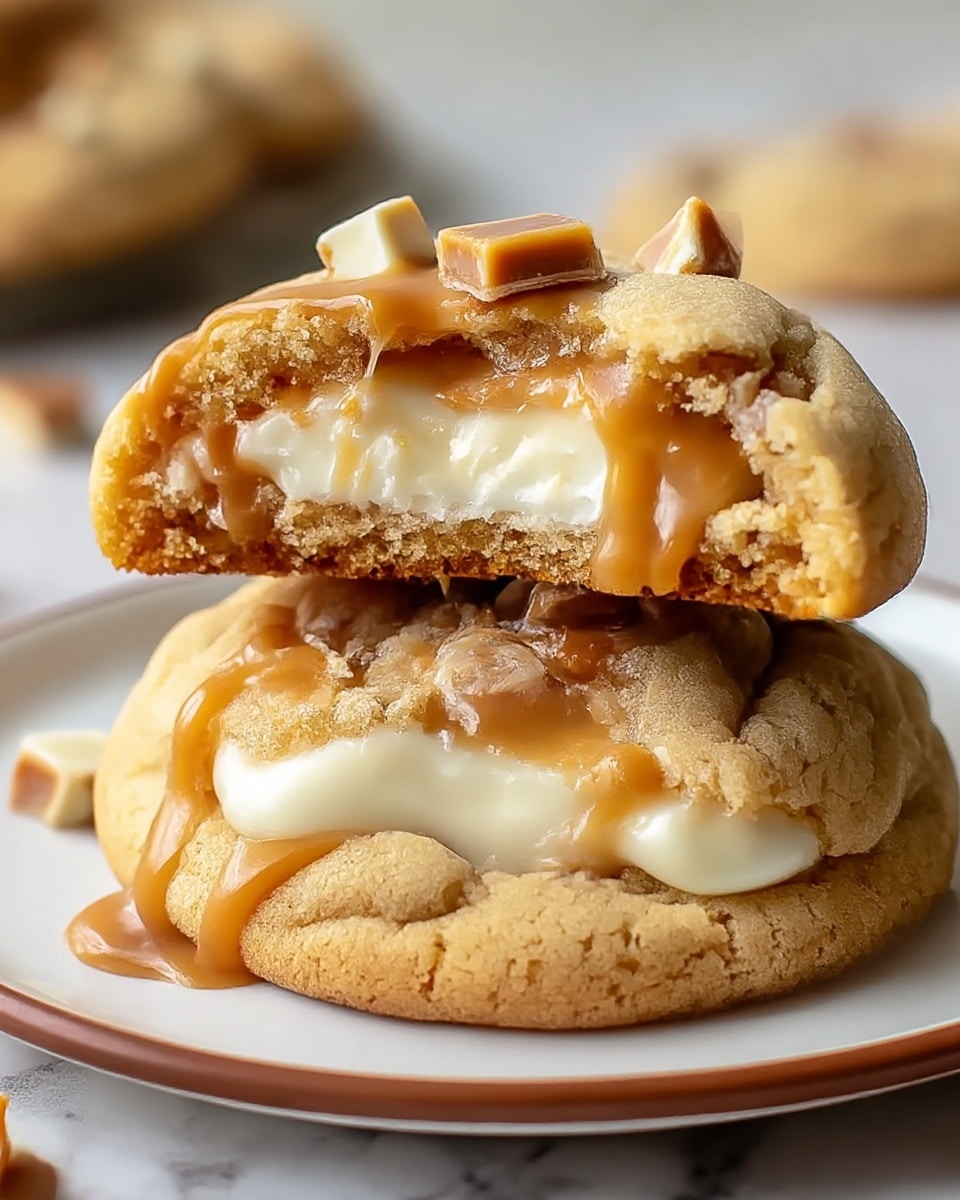 A close-up view of two soft cookies stacked on a white plate with a thin brown rim, set on a white marbled surface. Each cookie has three visible layers: the bottom layer is a lightly golden baked dough with a crumbly texture, the middle layer is a smooth caramel that is glossy and slightly molten, and a thick, creamy white layer above it that looks soft and rich. The top cookie has a generous drizzle of caramel sauce that shines with a glossy texture, and is sprinkled with small caramel candy chunks that add a crunchy appearance. The cookies have a slightly cracked surface showing their soft inside. Photo taken with an iphone --ar 4:5 --v 7