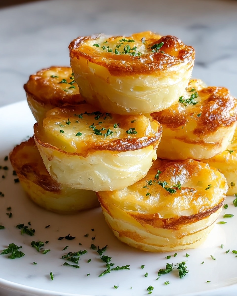 The image shows a close-up of six golden-brown potato gratin cups stacked on a white plate with a white marbled surface in the background. Each cup has about three layers: the bottom layer is a firm, slightly browned crust, the middle layer is creamy and smooth pale yellow potato, and the top layer is bubbly and crispy with a light caramelized crust. Small green herb bits are sprinkled on top and around the plate, adding a fresh contrast to the warm colors of the gratin cups. The lighting highlights the texture and color variations on the surface of each cup. Photo taken with an iphone --ar 4:5 --v 7