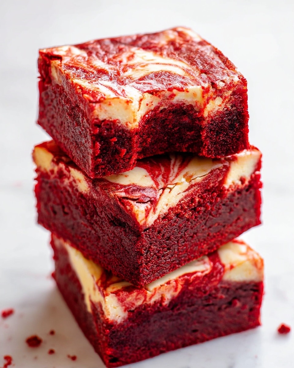 A stack of three thick, square brownies with a vibrant red color and creamy white swirls on the top layer creating a marbled effect. Each brownie has a dense texture with visible slight cracks on the surface. The top-most brownie has a visible bite taken from one corner, revealing the moist and rich inside. The stack is placed on a white marbled surface with tiny crumbs scattered nearby. photo taken with an iphone --ar 4:5 --v 7