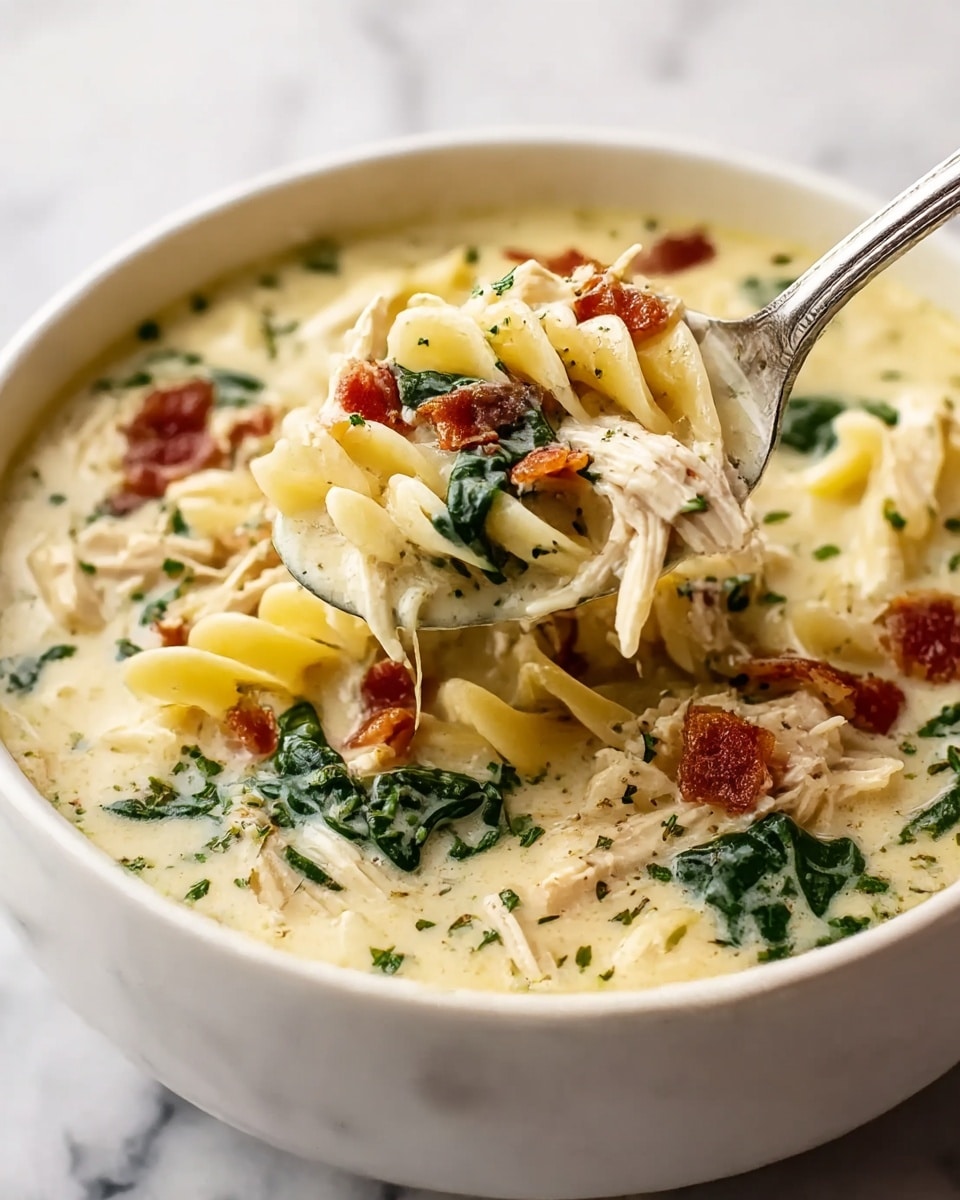 A close-up of a white bowl filled with creamy chicken noodle soup showing a rich creamy light beige broth mixed with small pieces of cooked chicken, bright green spinach leaves, and bits of red sun-dried tomatoes. There are curly cooked pasta noodles floating on top and a spoon lifting a mix of noodles, a piece of chicken, and spinach from the bowl. The soup surface is speckled with dried herbs, and the background is a white marbled surface. Photo taken with an iphone --ar 4:5 --v 7