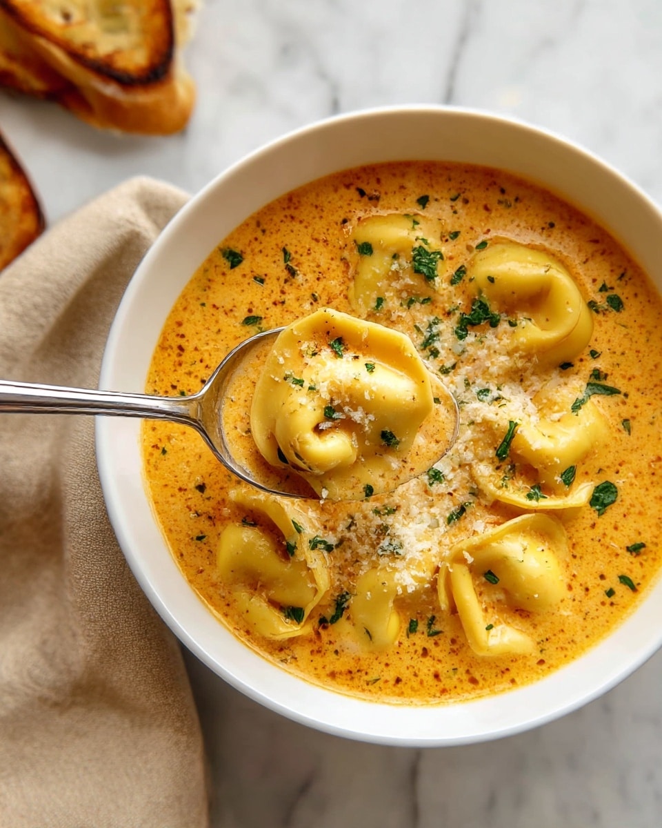 A white bowl filled with creamy orange soup with a smooth, slightly frothy texture, containing five pieces of tortellini pasta that are yellow and plump, floating in the soup. The tortellini are sprinkled with finely chopped green herbs and some black pepper. A silver spoon lifts one tortellini above the soup, showing its soft texture. On the left edge of the image, a piece of toasted bread with a golden-brown crust rests on a beige cloth. The background surface is a white marbled texture. Photo taken with an iphone --ar 4:5 --v 7