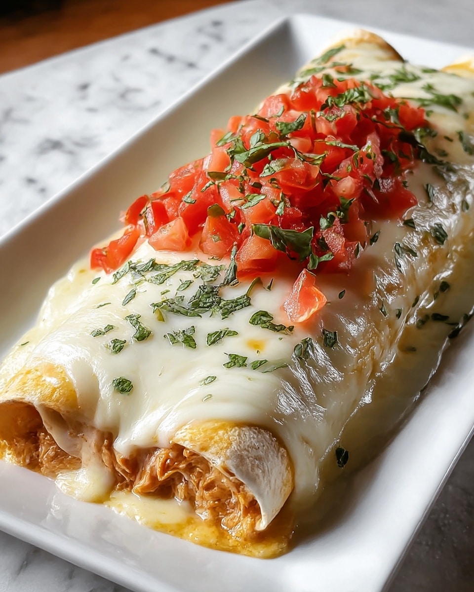 A plate holds a rolled enchilada covered in a smooth, melted white cheese layer that drips slightly down the sides, revealing a filling of cooked chicken mixed with a light orange sauce inside the soft tortilla wrap. On top of the cheese layer is a generous pile of small, bright red diced tomatoes mixed with fresh green chopped cilantro, adding a fresh touch. The plate is white, and the dish sits on a white marbled surface. photo taken with an iphone --ar 4:5 --v 7