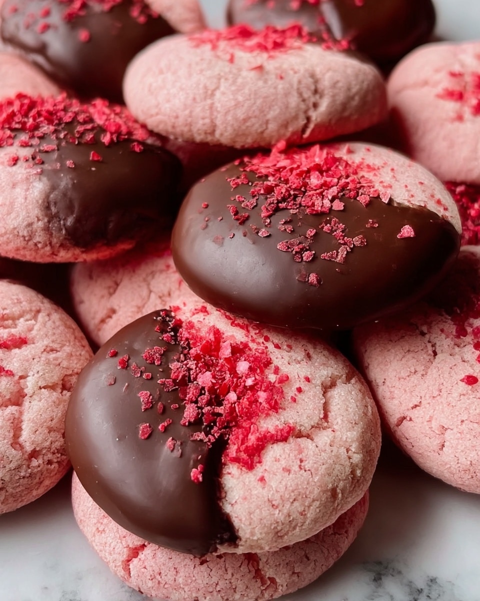 A close-up view shows a pile of round pink cookies with a cracked, soft texture. Each cookie is half dipped in smooth, shiny dark chocolate on top, which is sprinkled with crushed red berry bits giving a crunchy look. The cookies are stacked closely together, filling the frame with visible depth and dark chocolate highlights. The background is a white marbled surface. photo taken with an iphone --ar 4:5 --v 7