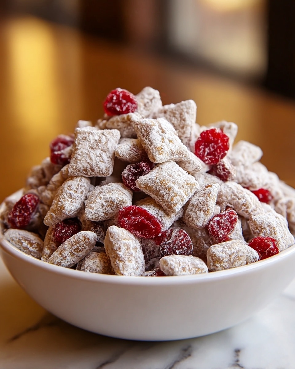 A white bowl filled with many small square cereal pieces coated in a thick white powdered sugar layer, mixed with bright red dried cranberries scattered throughout. The cereal pieces are light brown underneath the powder, with some showing bits of red inside. The bowl is full and heaped slightly above its edge, placed on a wooden table with a blurred background. photo taken with an iphone --ar 4:5 --v 7