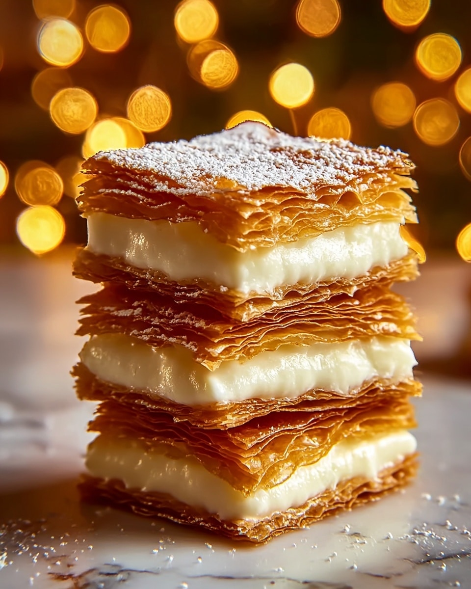 A close-up of a three-layered dessert stack with crispy, golden-brown flaky pastry sheets alternating with thick, creamy white filling layers. The top pastry layer is dusted lightly with powdered sugar, and the dessert rests on a white marbled surface. There are warm, soft-focus yellow lights in the background that create a cozy atmosphere. Photo taken with an iphone --ar 4:5 --v 7