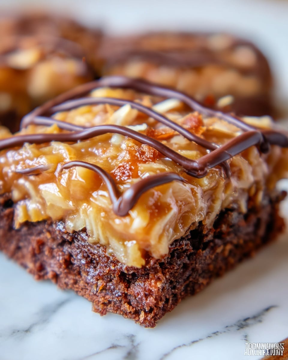 A close-up image of a two-layer dessert bar on a white marbled surface shows a bottom layer of rich, dark brown, fudgy chocolate cake with a dense crumb texture. The top layer is a glossy, golden-brown coconut and caramel mixture with small shredded coconut pieces giving it a textured look. Two squiggly lines of melted dark chocolate drizzle run across the coconut topping. Pieces of toasted coconut are scattered nearby, enhancing the dessert’s appeal. Photo taken with an iphone --ar 4:5 --v 7