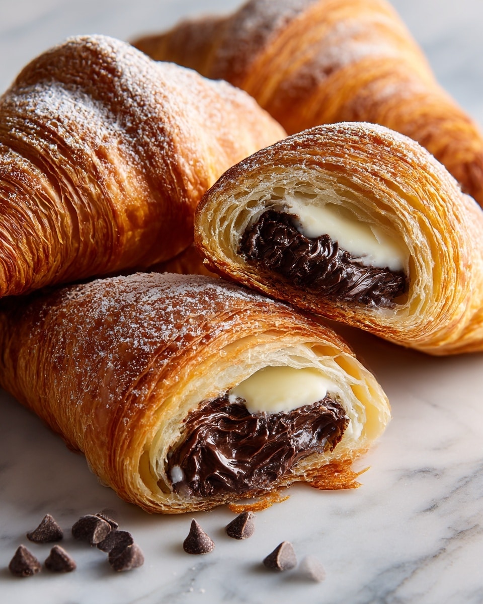 A close-up view of three golden brown croissants with a flaky, layered texture. Two croissants are whole, showing crispy outer layers with a light dusting of powdered sugar on top. The third croissant is cut open, revealing two inner layers: a thick, rich, dark chocolate filling with a glossy texture and a creamy white layer just above it. There are a few dark chocolate chips placed casually on the white marbled surface next to the croissants. The overall scene is brightly lit, showing the shine and delicate flakiness of the croissants. Photo taken with an iphone --ar 4:5 --v 7