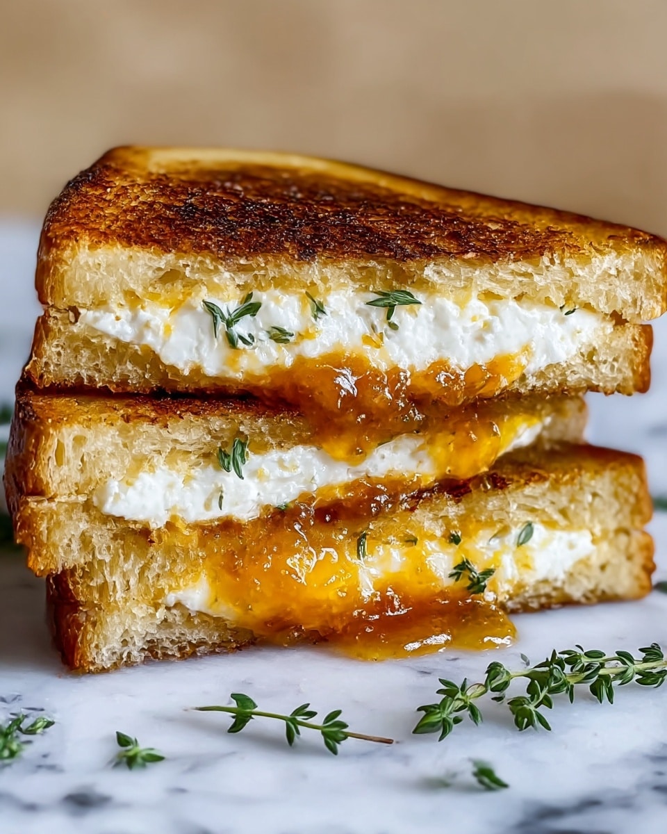 The image shows a grilled sandwich cut in half and stacked, with two slices of golden-brown toasted bread having a slightly charred texture on the outside. Inside, there are two main layers: a creamy white cheese layer and a shiny amber-colored jam or marmalade layer, with small green herb leaves scattered throughout the filling. A few drops of the jam are seen slightly dripping from the bottom half. The sandwich rests on a smooth white marbled surface with some sprigs of fresh green herbs lying nearby. photo taken with an iphone --ar 4:5 --v 7