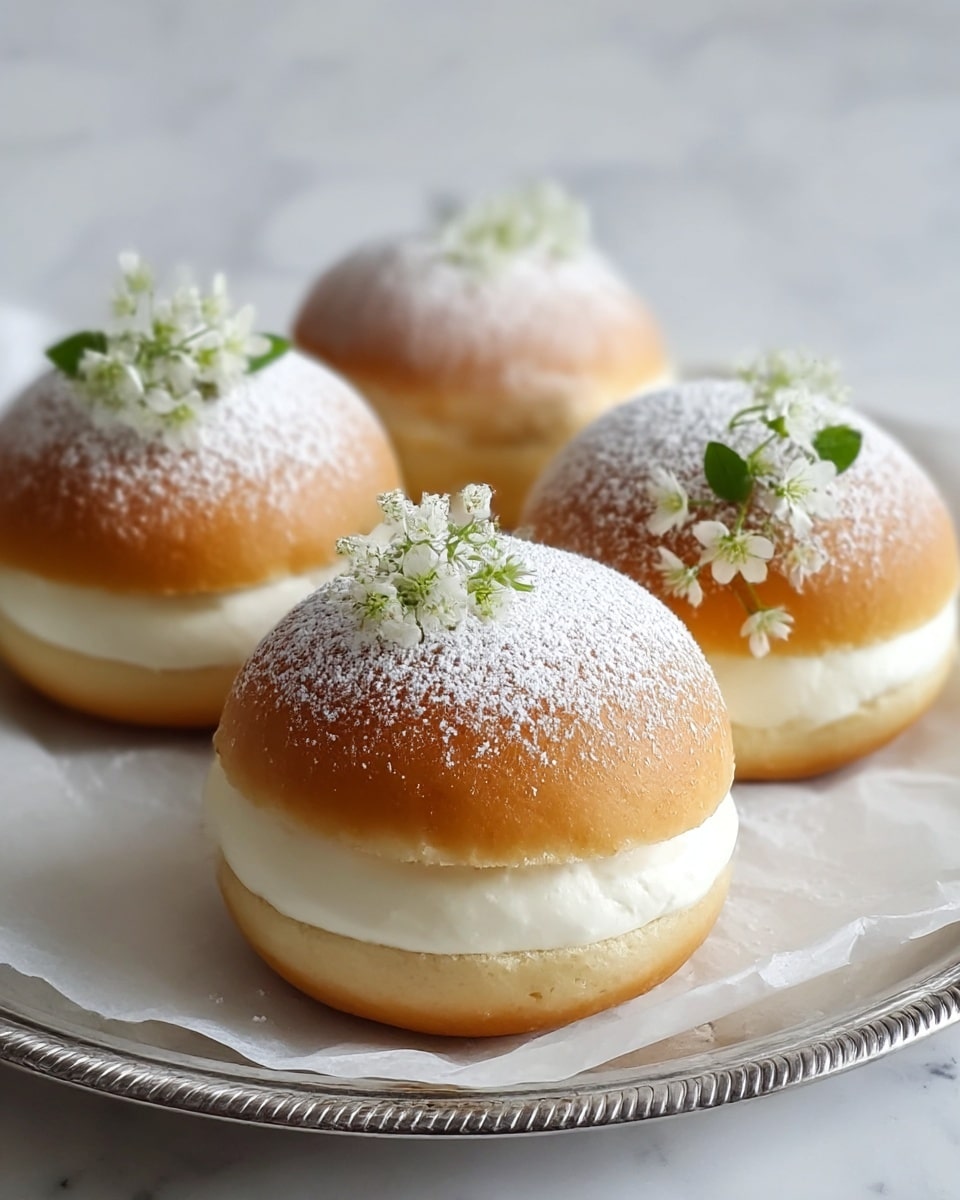 The image shows four round cream buns on a round white plate lined with white parchment paper, placed on a white marbled surface. Each bun has two layers: a soft golden-brown base and top bun, with a thick layer of white cream sandwiched in the middle. The tops of the buns are dusted with a fine layer of white powdered sugar, and each bun is decorated with small white flowers and green leaves on top. The buns have a smooth, fluffy texture and a light, airy look. Photo taken with an iphone --ar 4:5 --v 7