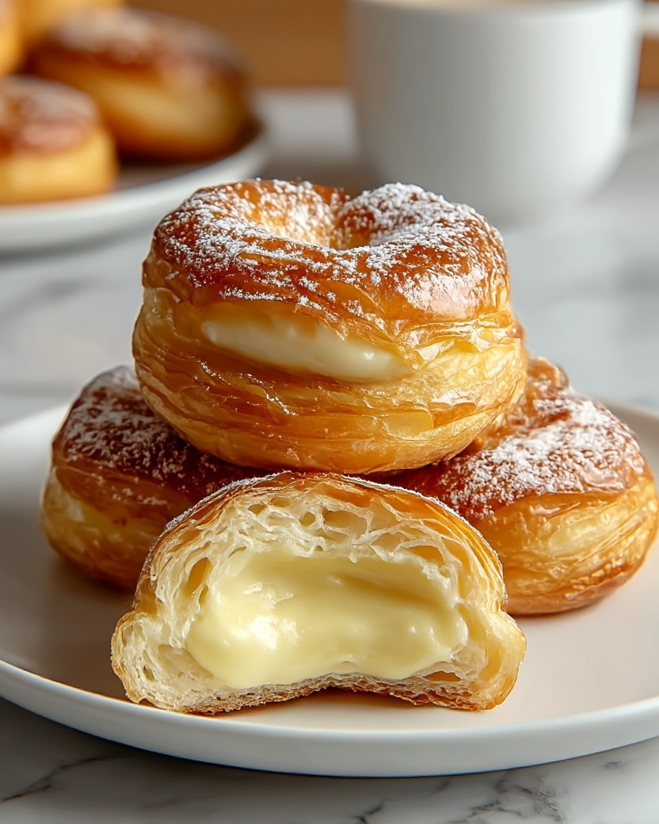 A stack of four round, golden-brown puff pastries with visible multiple flaky layers sits on a white plate, each pastry filled with a creamy, pale yellow custard that slightly oozes out from the sides. The top surface of the pastries is shiny and glazed, sprinkled lightly with powdered sugar, adding a delicate touch. The plate rests on a white marbled surface, and in the background, parts of white ceramic bowls can be seen, softly blurred. photo taken with an iphone --ar 4:5 --v 7