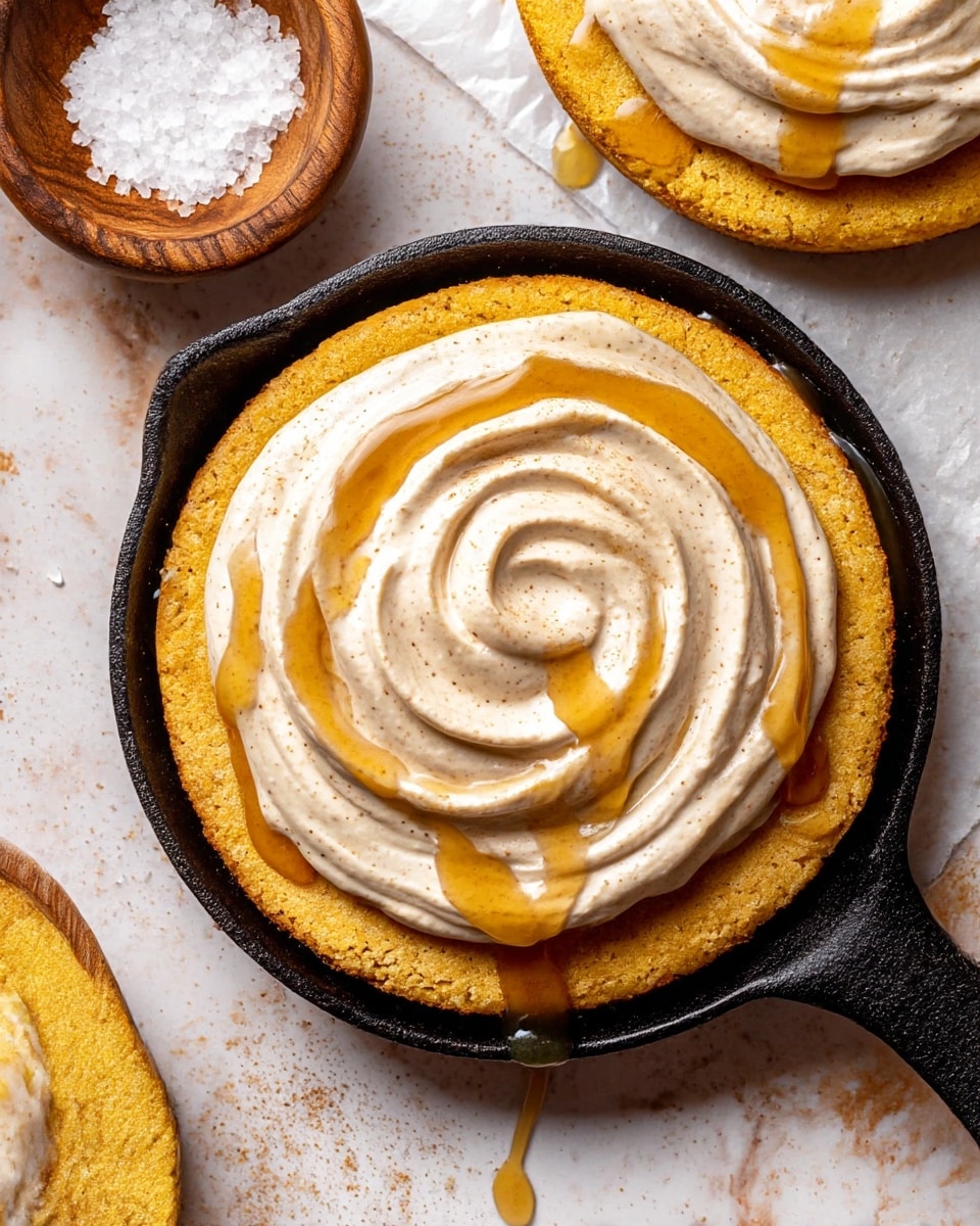 A small black cast iron pan holds one thick, round yellow cornbread base at the bottom. On top of the cornbread, there is a smooth swirl of light brown whipped cream or frosting, which is generously drizzled with a shiny honey-like syrup that has a golden amber color. The pan sits on crumpled white parchment paper with tiny crumbs around. Next to the pan is a small round wooden bowl filled with coarse white sea salt. The scene is set on a white marbled surface with another cornbread topped with the same cream and syrup just visible in the top right corner. Photo taken with an iphone --ar 4:5 --v 7