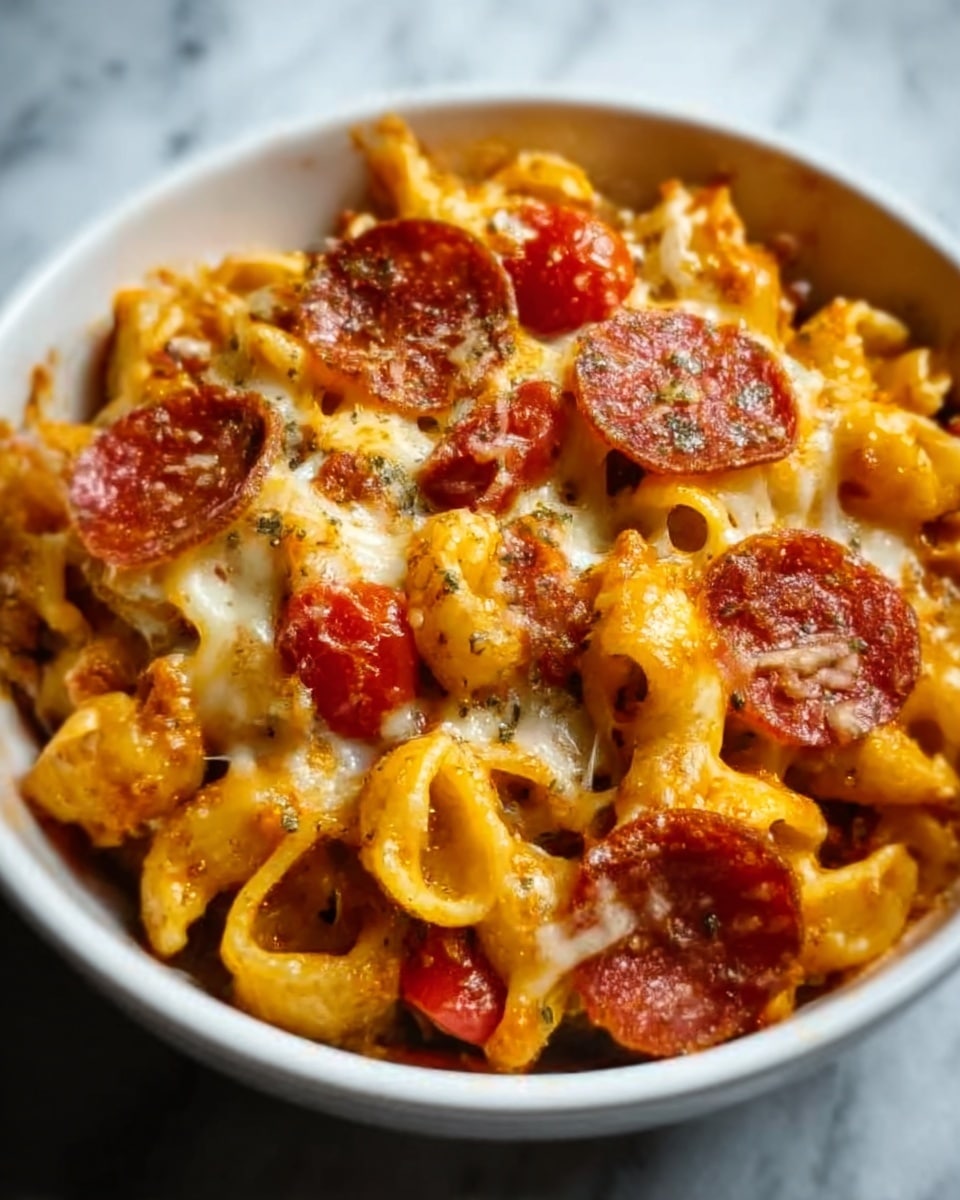 A white bowl filled with baked pasta layered with melted cheese, golden-brown browned spots on top, multiple slices of cooked pepperoni scattered evenly across, visible orange-red tomato sauce peeking through the pasta curls, and sprinkled finely chopped herbs on top. The pasta has a slightly glossy texture from the sauce, and the cheese looks gooey and stringy. The dish has a warm and inviting appearance, sitting on a white marbled surface. Photo taken with an iphone --ar 4:5 --v 7