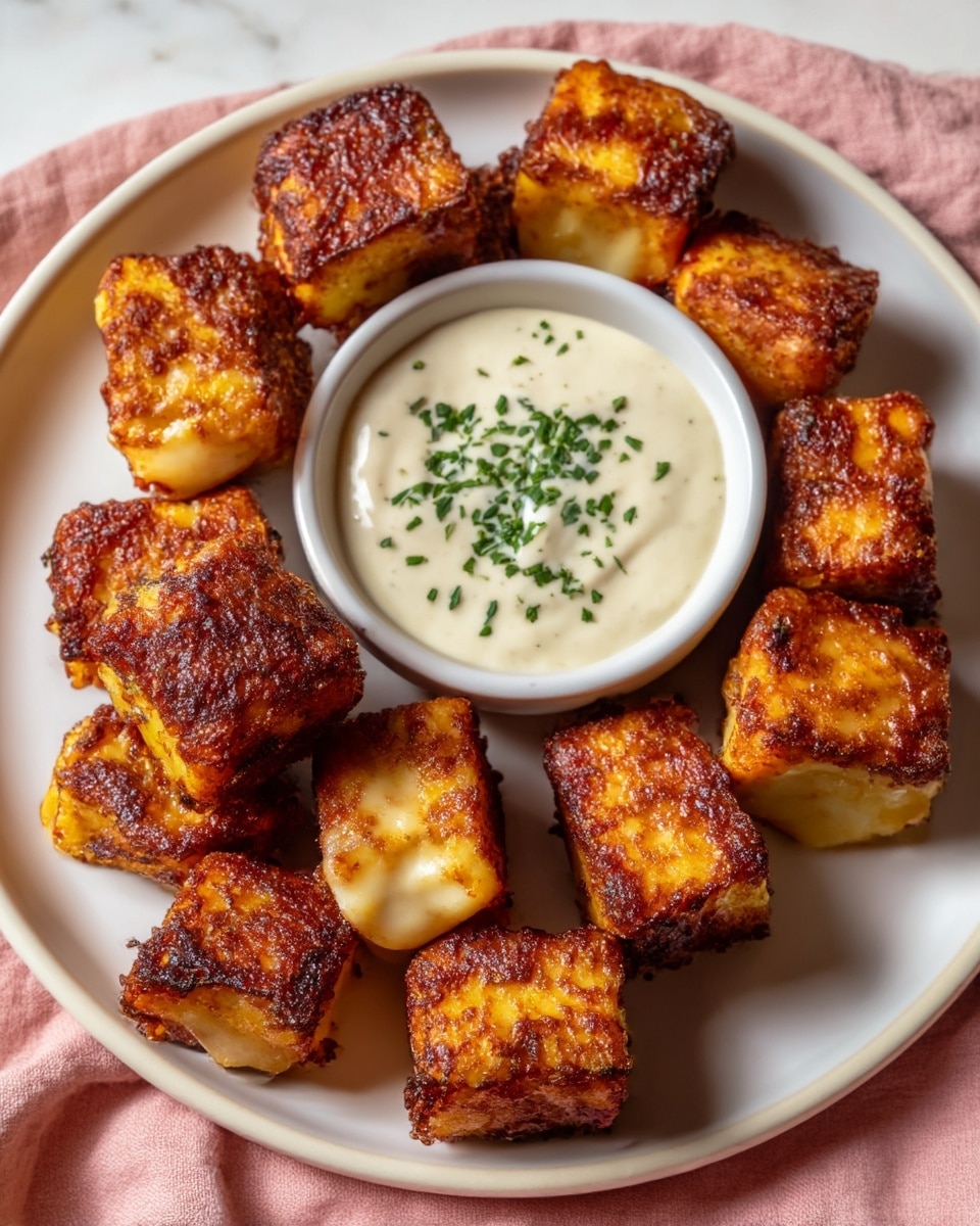 The image shows a white plate filled with about a dozen golden-brown, crispy, square-shaped cheese bites arranged neatly around a small white bowl of creamy white dipping sauce with green herbs sprinkled on top. Each cheese bite has a crunchy, lightly charred outer layer with a soft, melted cheese inside. Small green herb bits are scattered over the cheese bites, giving a fresh touch. The plate sits on a soft pink cloth over a white marbled surface. A woman's hand is seen at the plate's edge, lightly touching one cheese bite. Photo taken with an iphone --ar 4:5 --v 7