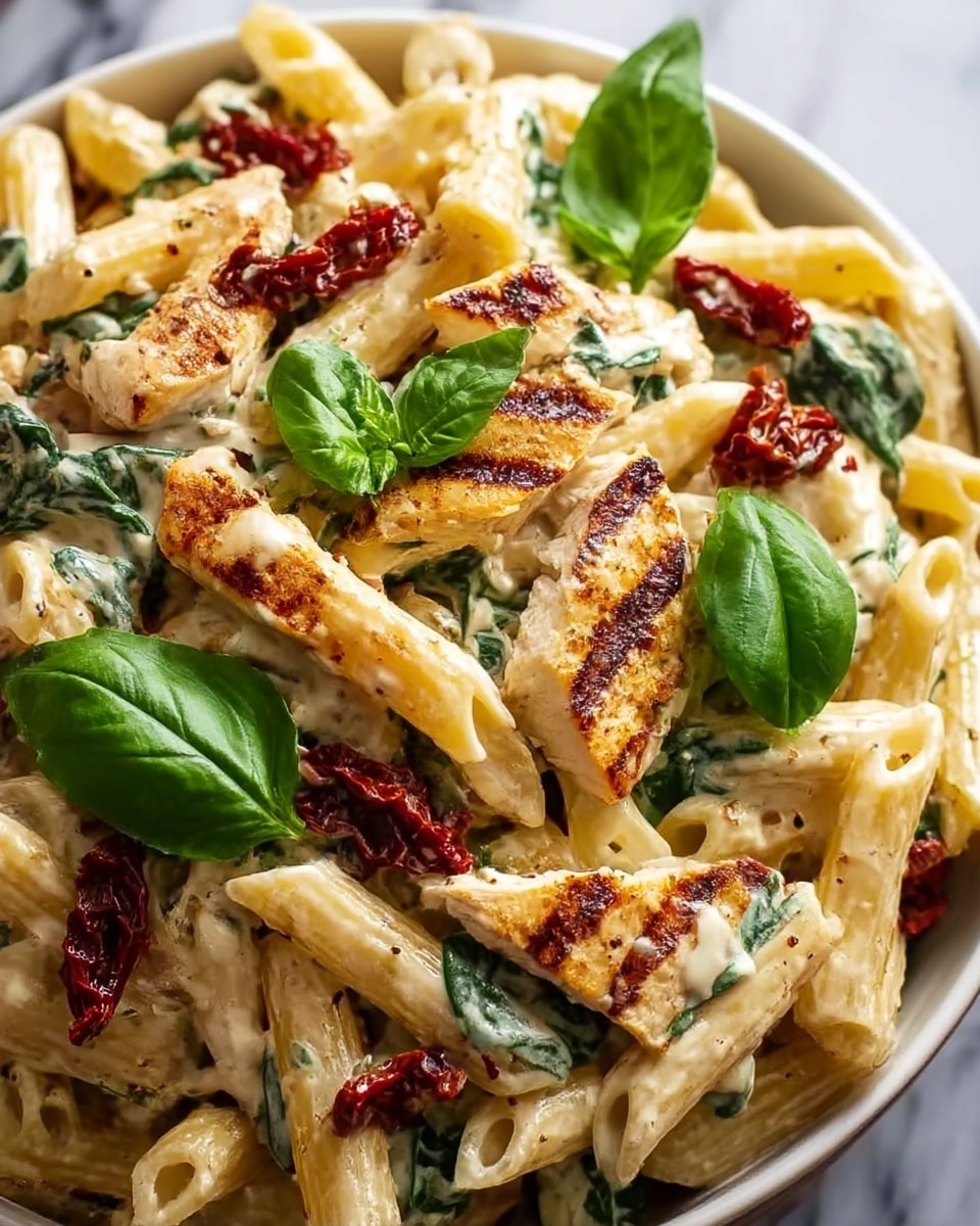 A white round plate filled with creamy penne pasta mixed with cooked spinach, topped with browned, grilled chicken pieces scattered throughout, and garnished with small dried tomato pieces and fresh green basil leaves on top. The pasta is light yellow with a smooth sauce coating each piece, the spinach adds dark green patches, the chicken has a golden brown grilled texture, and the dried tomatoes add touches of deep red, all placed on a white marbled surface. photo taken with an iphone --ar 4:5 --v 7