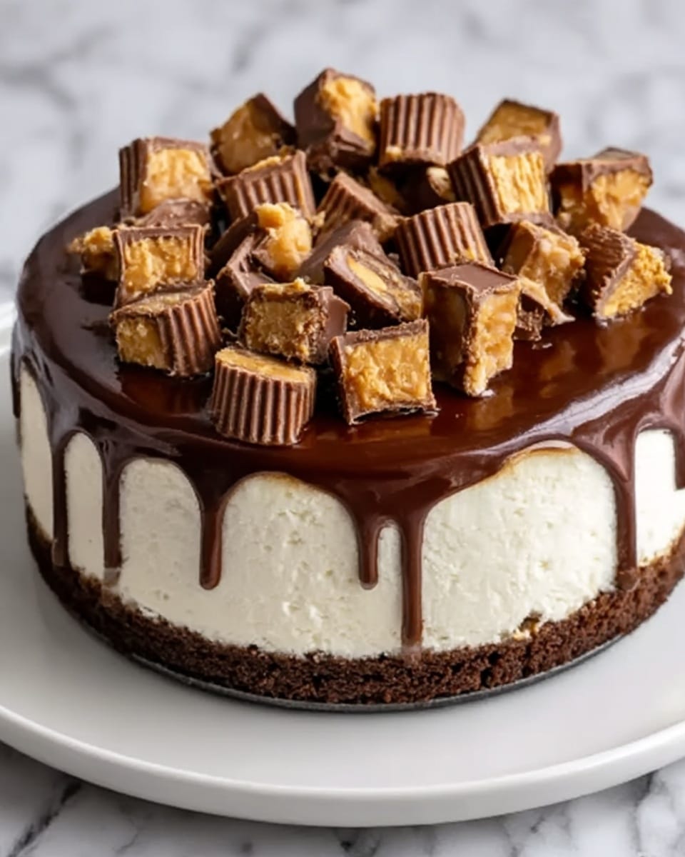 A rich cheesecake sits on a white plate with a dark, crumbly crust forming the bottom layer. Above the crust is a thick, creamy white layer of cheesecake filling, smooth in texture. On top, there is a glossy dark chocolate ganache that drips down the sides, creating a decorative effect. The ganache is covered with uneven chunks of chocolate and peanut butter candy bars, adding texture and height to the dessert. The background features a white marbled surface. photo taken with an iphone --ar 4:5 --v 7