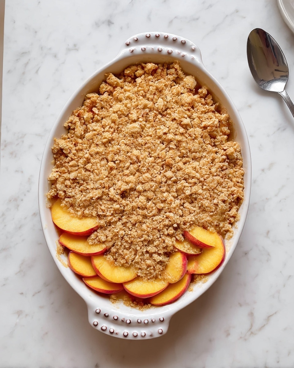A white oval baking dish filled with sliced peaches arranged in a single layer along the bottom and edges, showing yellow and orange tones with a slight red blush on the peach skin, topped with a thick, uneven layer of crumbly light brown streusel that covers the peaches almost completely, leaving only small parts visible near the dish edge, set on a white marbled surface with a silver spoon on the right side of the dish photo taken with an iphone --ar 4:5 --v 7