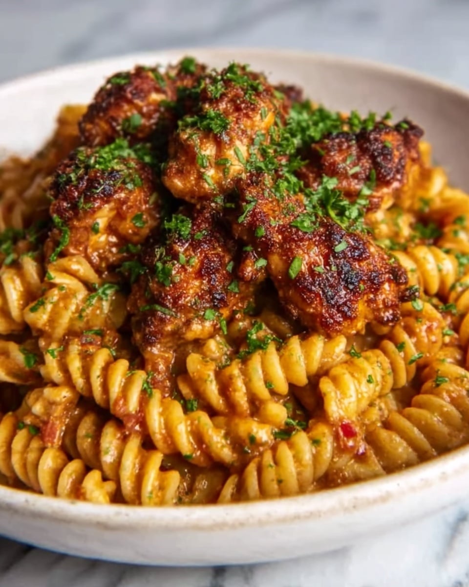 The image shows a close-up of a white plate filled with a layer of spiral-shaped pasta coated in a light orange sauce at the bottom. On top of the pasta, there are multiple pieces of golden-brown grilled chicken that appear juicy and slightly crispy. The chicken pieces are sprinkled with finely chopped green herbs and small bits of red seasoning, adding a fresh and colorful touch. The textures of the pasta are smooth and glossy, while the chicken is rougher and textured. The background has a white marbled surface. Photo taken with an iphone --ar 4:5 --v 7