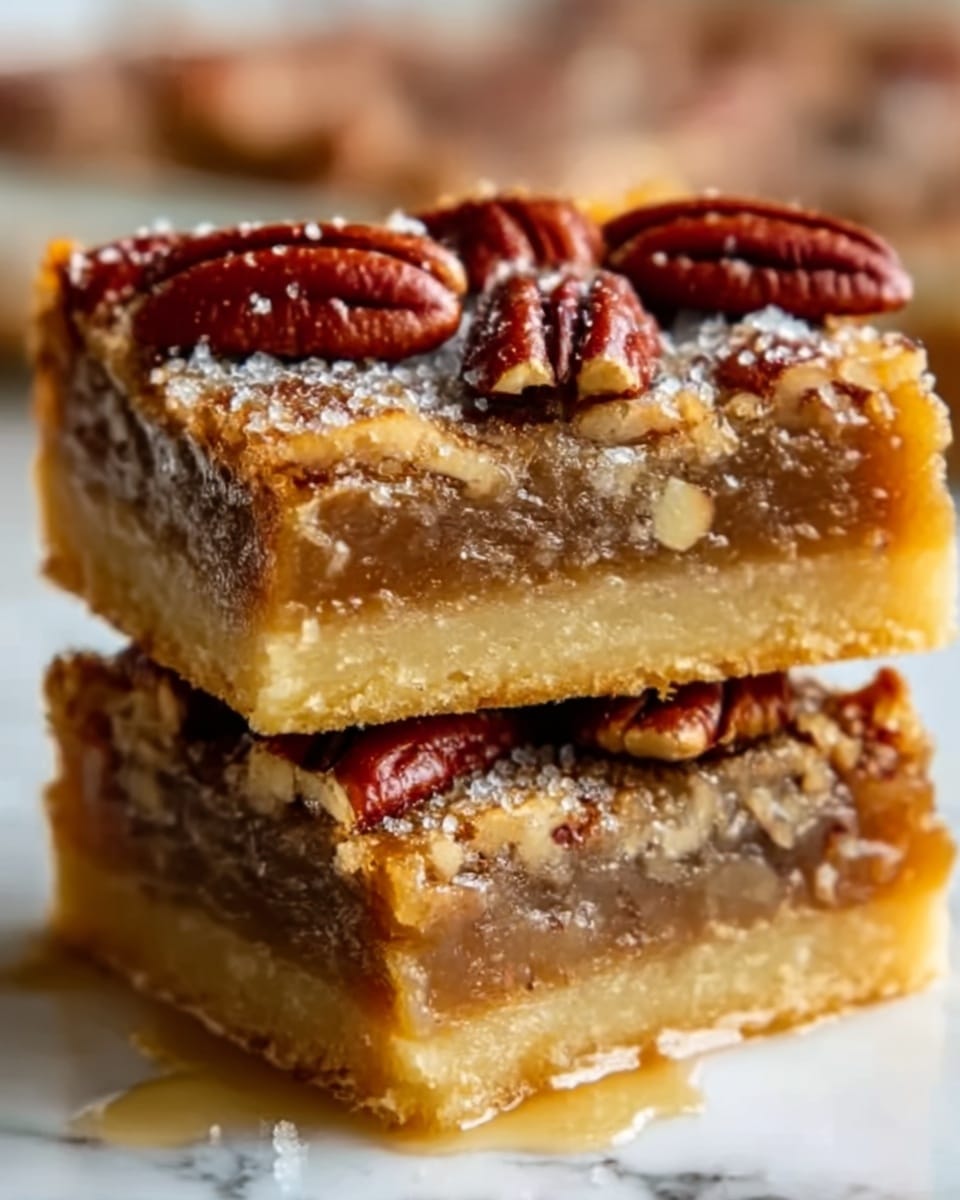 Two stacked pecan dessert bars are shown close up on a white marbled surface. The bottom layer is a light tan, crumbly crust with a rough texture. The middle layer is a thick, golden brown filling that looks sticky and slightly gooey with small bits of pecans embedded inside. The top layer has whole shiny pecan halves arranged neatly on a glossy, caramel-colored glaze with a few crushed pecan pieces sprinkled around. The edges of the bars look sharp and defined, showing the clear separation of each layer. Photo taken with an iphone --ar 4:5 --v 7